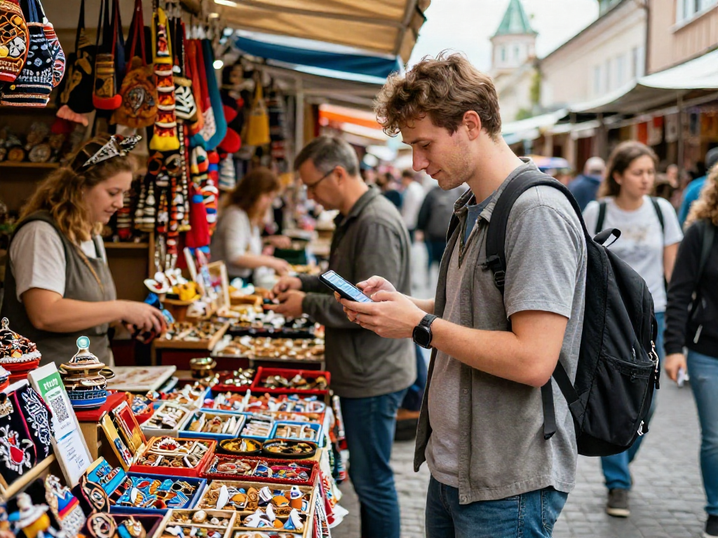 El uso de https://payinrussia.com/ por un viajero en un mercado ruso, destacando compras locales.