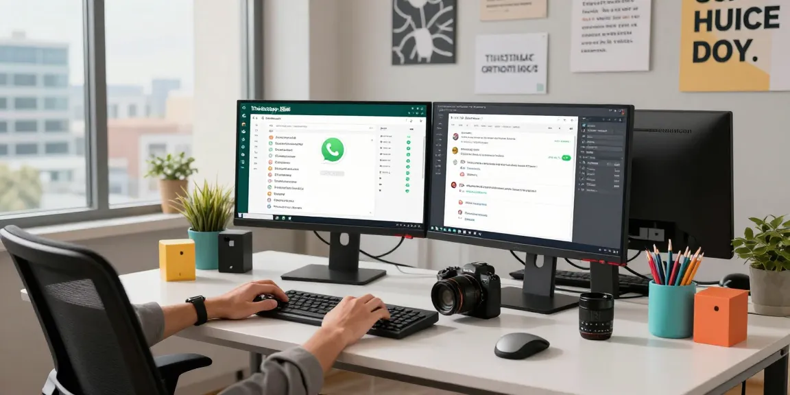 Using WhatsApp電腦版 on a modern workspace with dual monitors and tech accessories.