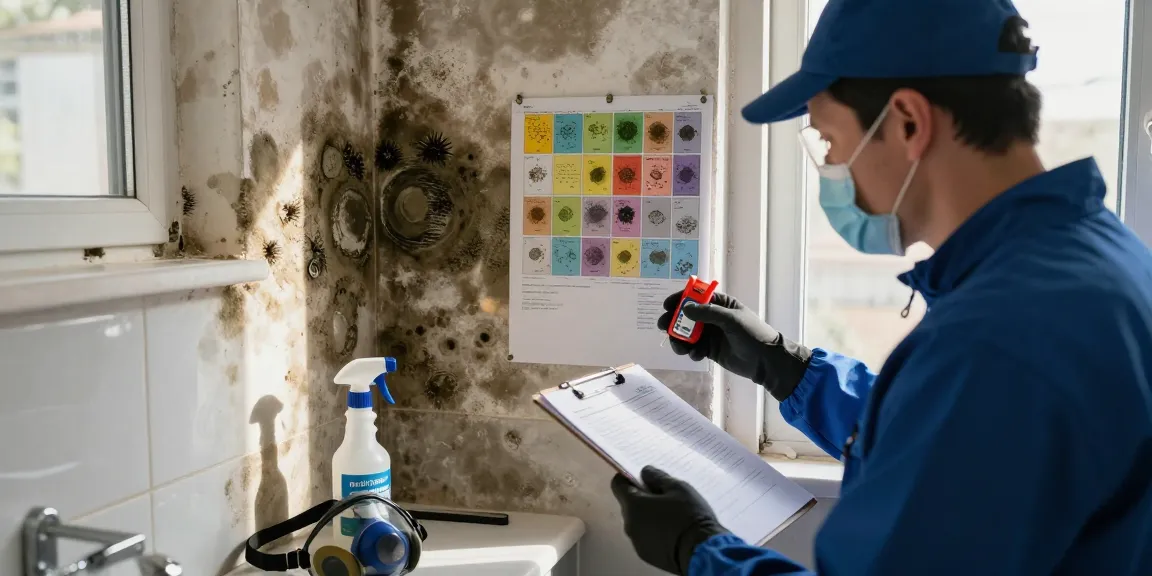 Desinfección de moho en Barcelona mediante un técnico inspeccionando una pared afectada por moho en un baño, con herramientas de desinfección visibles.