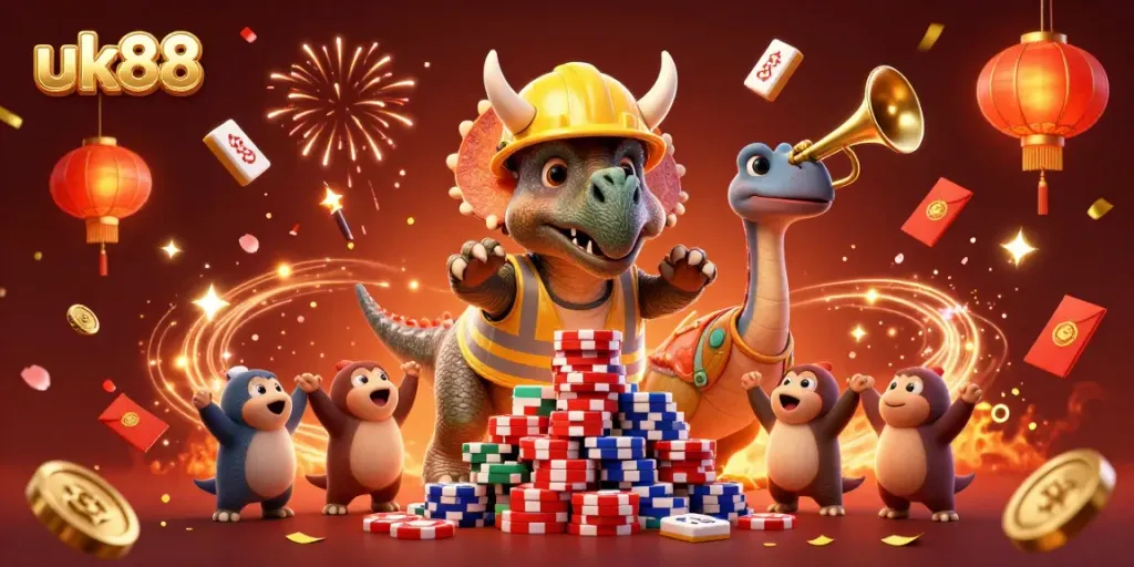 Engage in exciting casino action with uk88's vibrant 3D characters celebrating amidst poker chips and festive decorations.