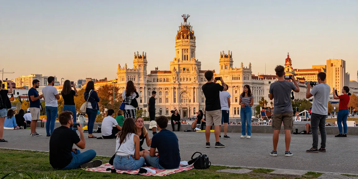 Vista de Madrid al atardecer con personas disfrutando y tomando Noticias de Madrid en un mirador popular.