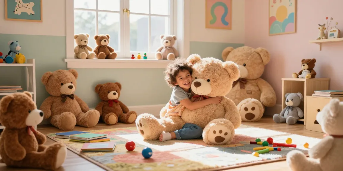 Niña abrazando un peluche en su habitación, rodeada de juguetes de Juguetes Ya.