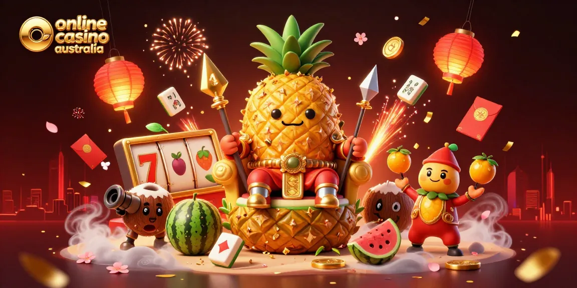 Engage with the vibrant scene of online casino australia featuring a golden pineapple king and dynamic game symbols.