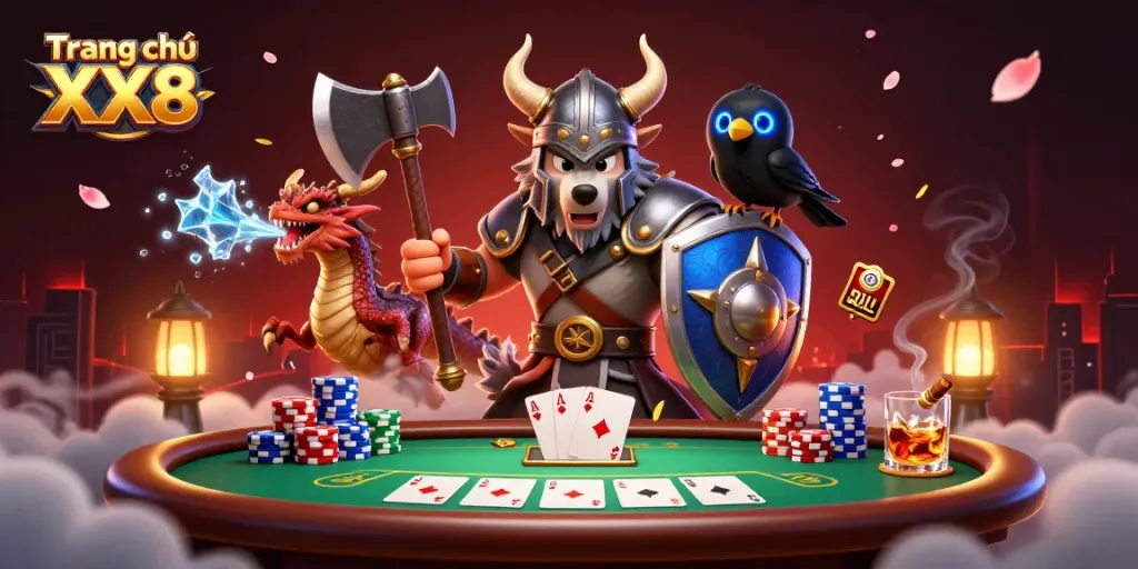 Engage with the exciting gaming atmosphere of Trang chủ XX8, featuring vibrant characters and dynamic poker elements.