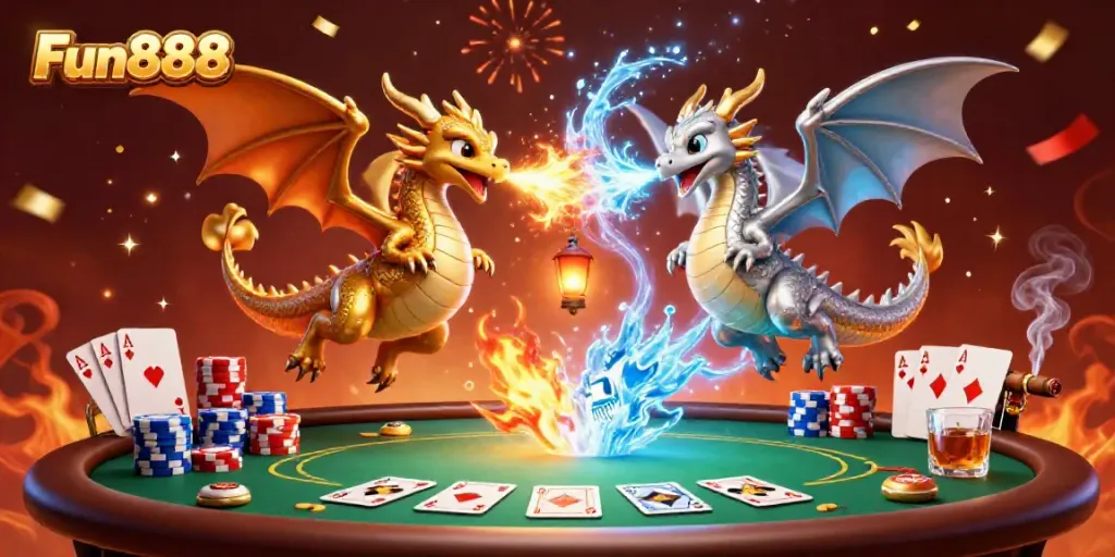 Experience the action of Fun888 with fiery and icy dragon duo amidst vibrant casino elements.
