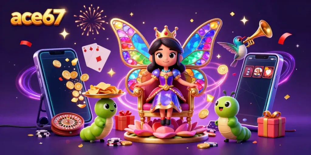 Experience the vibrant world of ace67 with a butterfly queen amidst casino elements and celebratory visuals.
