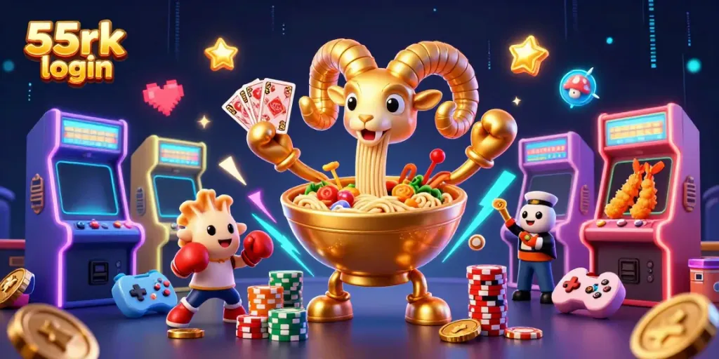 Experience vibrant 3D casino fun with a giant ramen bowl and characters celebrating 55rk login.