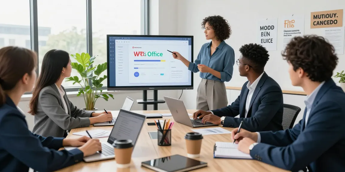 团队使用WPS Office进行协作讨论，展示现代办公环境的高效氛围。