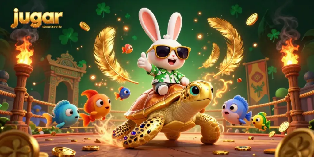 Juega en el casino online Chile con una escena vibrante de un conejo afortunado y una tortuga dorada.