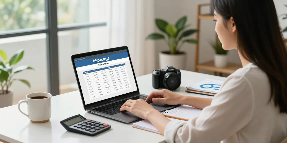 Youthful woman simulating hipoteca calculations in a modern home office, showcasing a clear workspace for financial decisions.