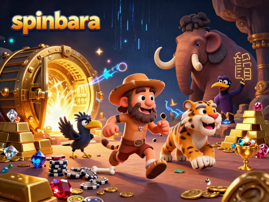 Experience the excitement of Spinbara with a vibrant, cartoonish casino scene filled with treasures and game elements.