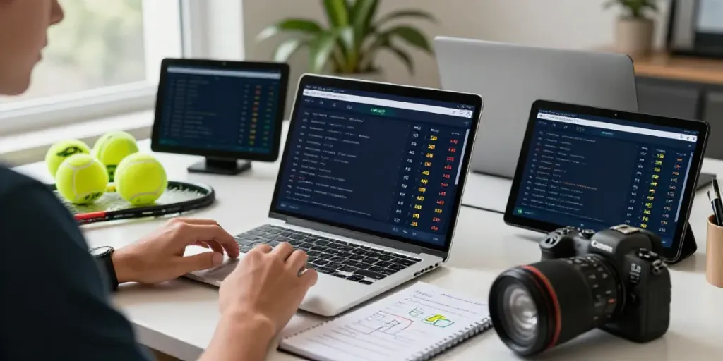 Análisis de pronóstico de tenis en una mesa de trabajo con estadísticas de partidos y equipo de tenis.