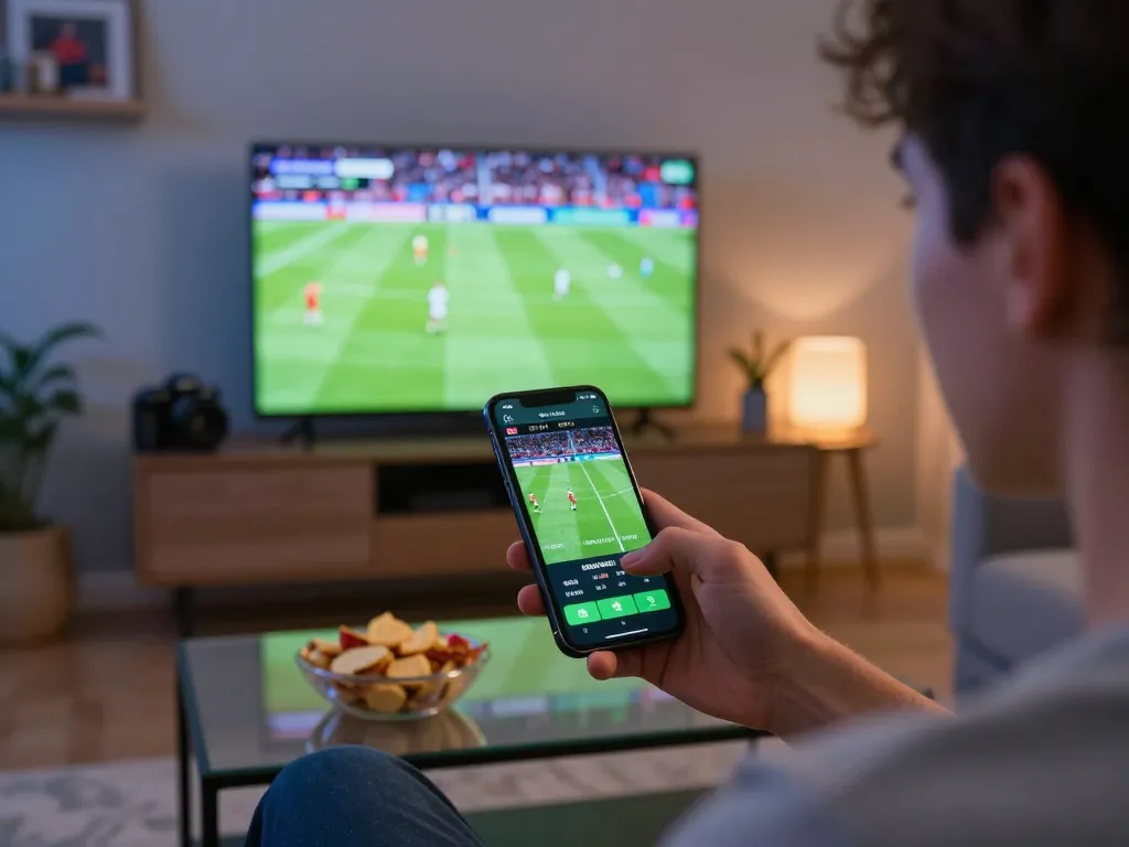 Engaged in kèo nhà cái 5 betting during live sports viewing at home.