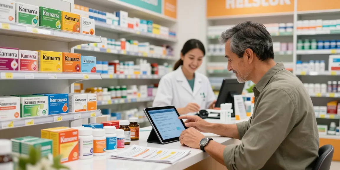 Buying Kamagra in a modern pharmacy setting with friendly assistance.