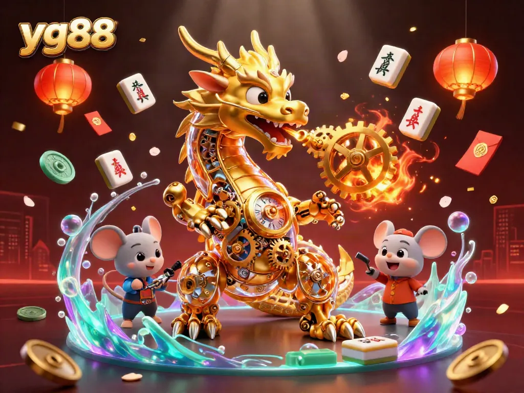 Engage in exciting gaming adventures at YG88 with eye-catching golden dragon and vibrant casino elements.
