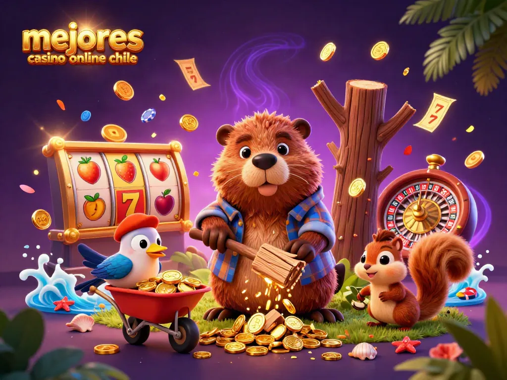 Los mejores casino online chile presentan un emocionante ambiente de juego con un castor leñador y símbolos de tragamonedas.