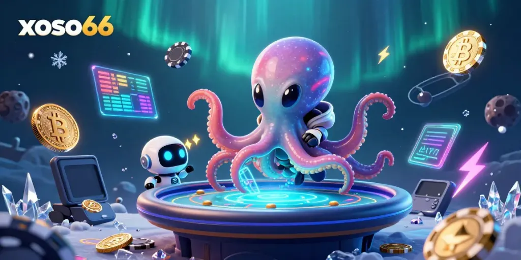 Experience Xoso66 with a thrilling alien octopus at a holographic poker table, surrounded by crypto elements.