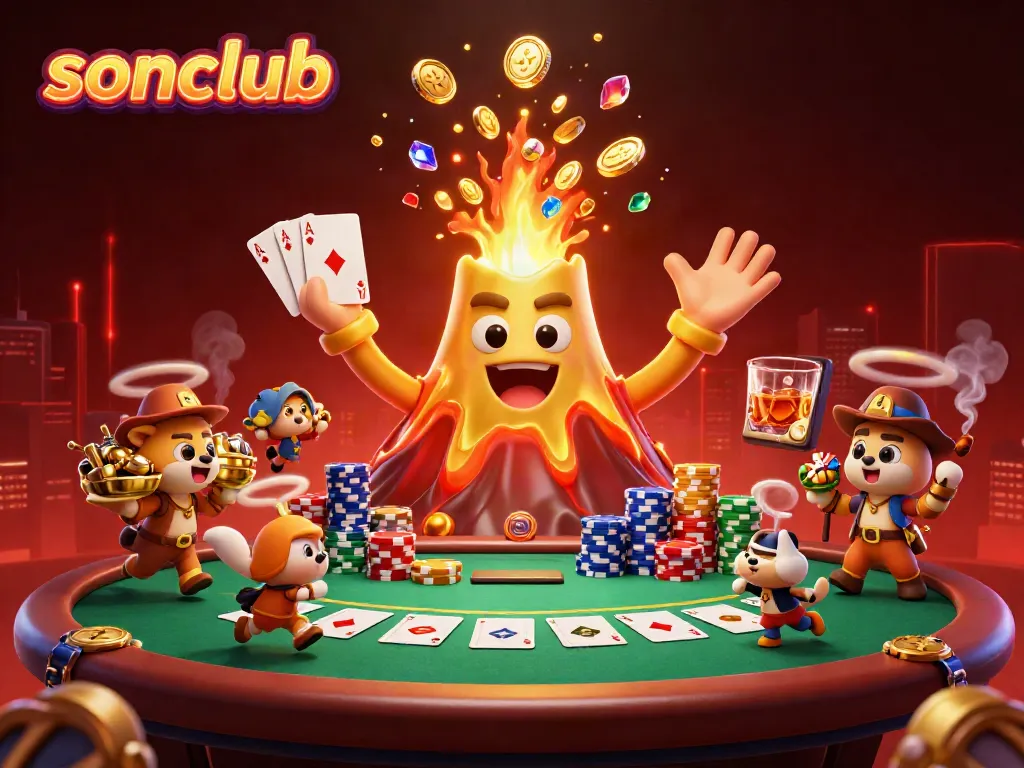 Experience thrilling action with sonclub at a vibrant casino scene featuring a golden volcano and poker elements.