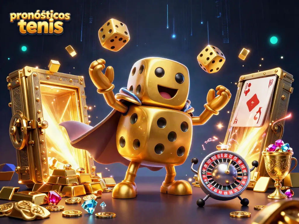 Pronósticos tenis con dados dorados y elementos de casino en una escena vibrante y atractiva.