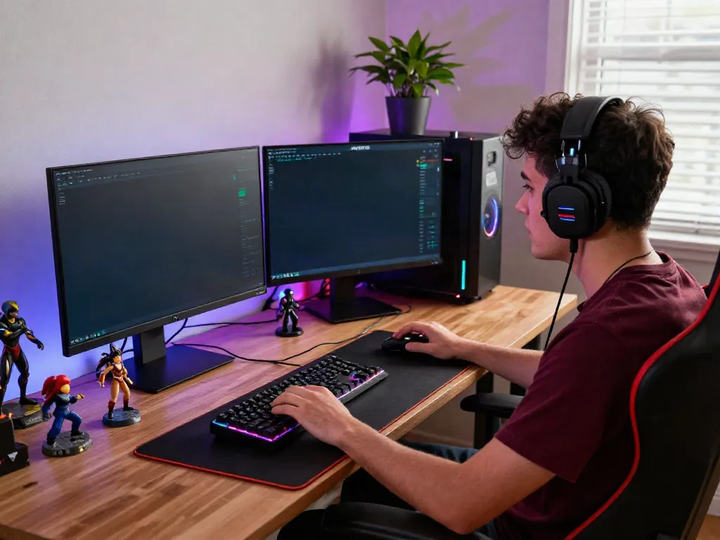 Engaging gaming setup at DU88 with gamer focused on interface, colorful lights, and accessories.