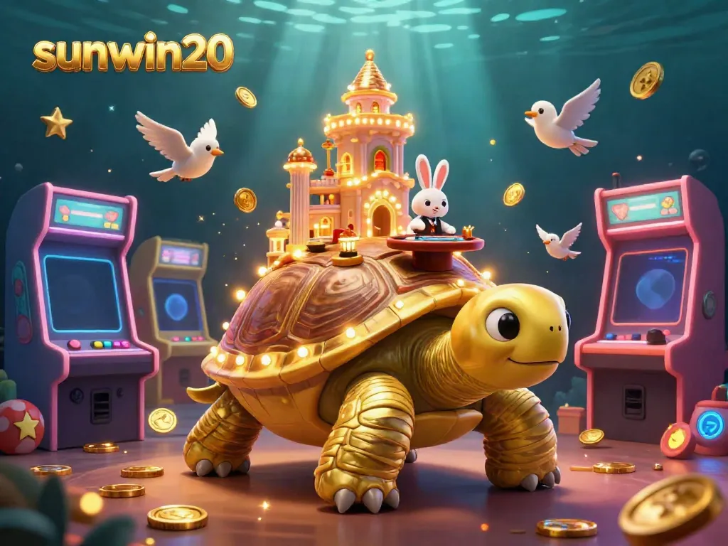 Experience the excitement of sunwin20 in a vibrant casino scene with a golden tortoise and rabbit dealer.