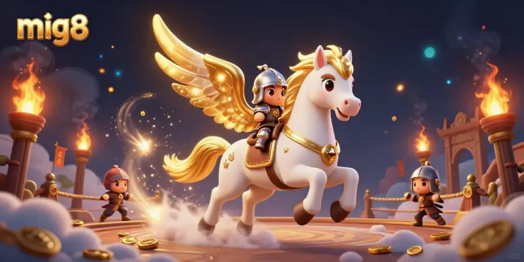 Experience thrilling actions with mig8 as a celestial white horse, knight, and cool gaming elements swirl in an epic casino scene.