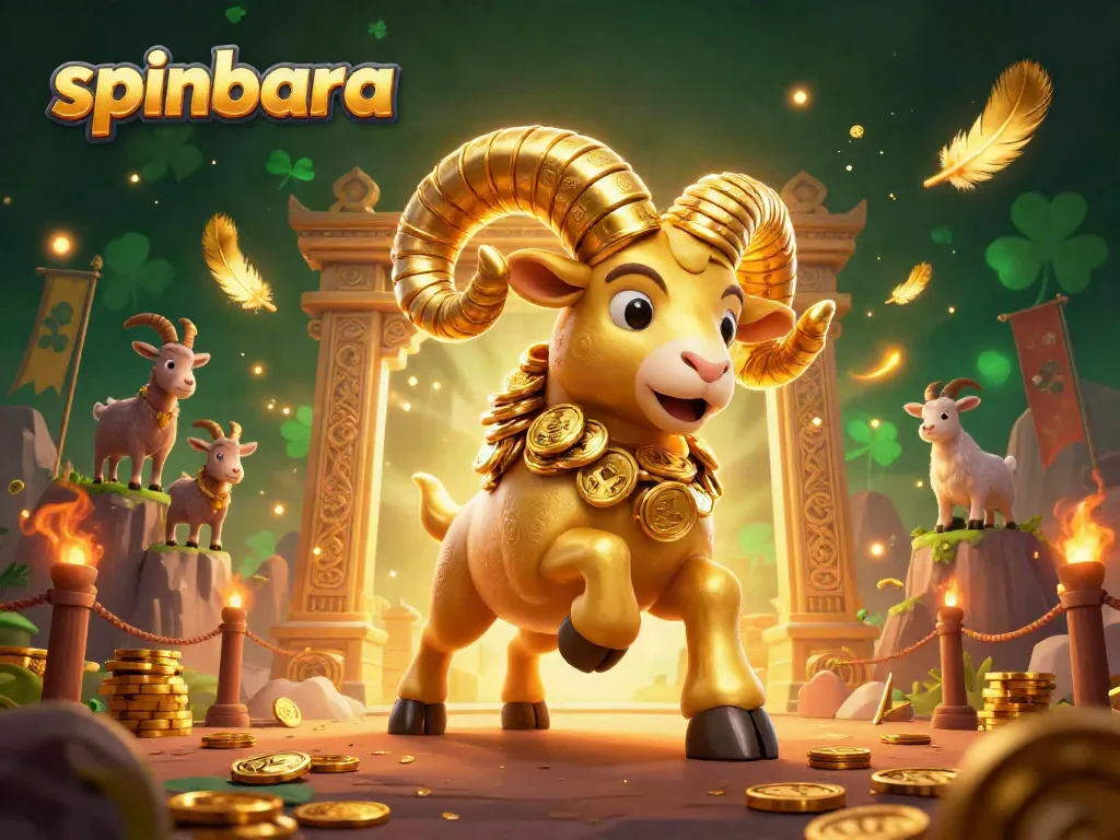 Experience thrilling gameplay at Spinbara Casino with golden rams, coins, and exciting elements.