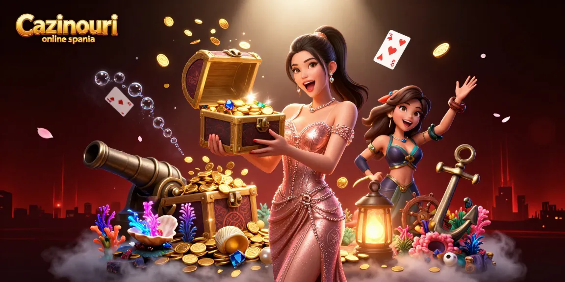 Engage with Cazinouri online spania through an exciting 3D illustration showcasing a joyful woman presenting treasures.