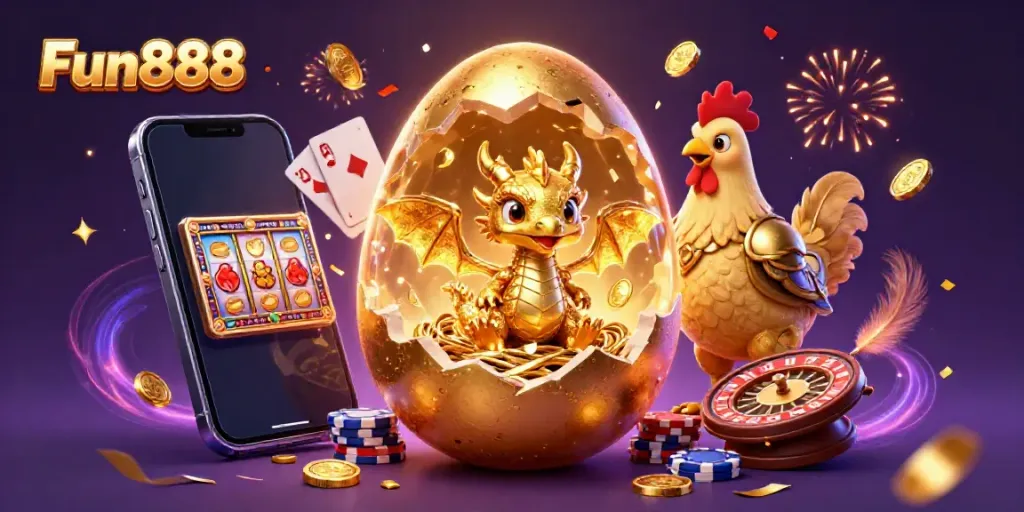Experience the thrill of Fun888 with a spectacular 3D dragon and casino scene bursting with energy.