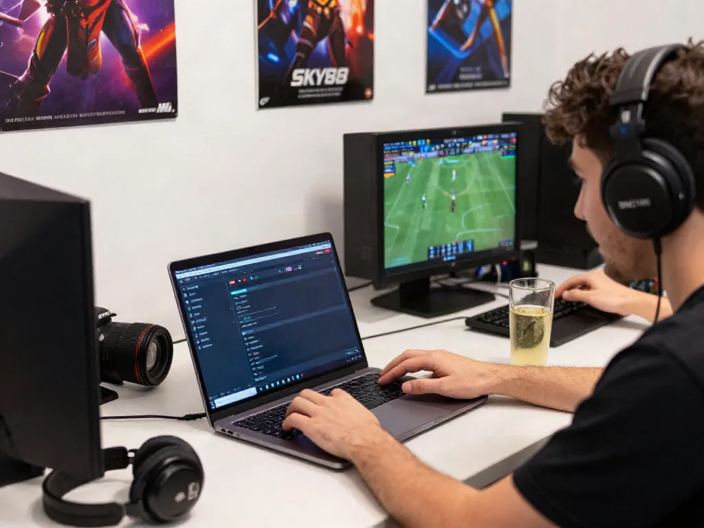 Exciting SKY88 online gaming scene with player using a laptop and smartphone.
