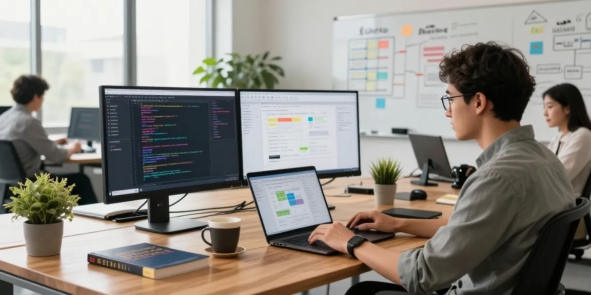 Build internal tools with AI in a vibrant office workspace showcasing collaboration and coding.