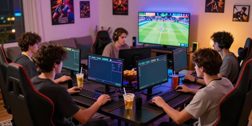 Friends enjoying TA88 online gaming on multiple screens with snacks and drinks.