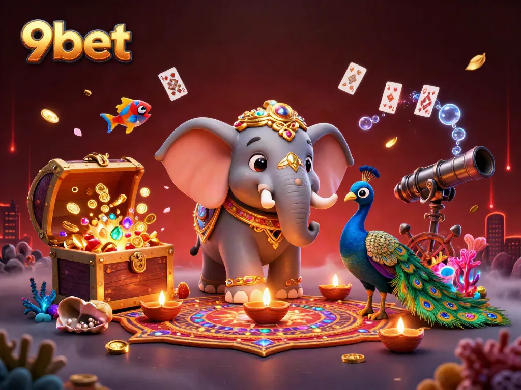 Engage with exciting 9bet adventures through a vibrant depiction of casino elements featuring a colorful elephant and gems.