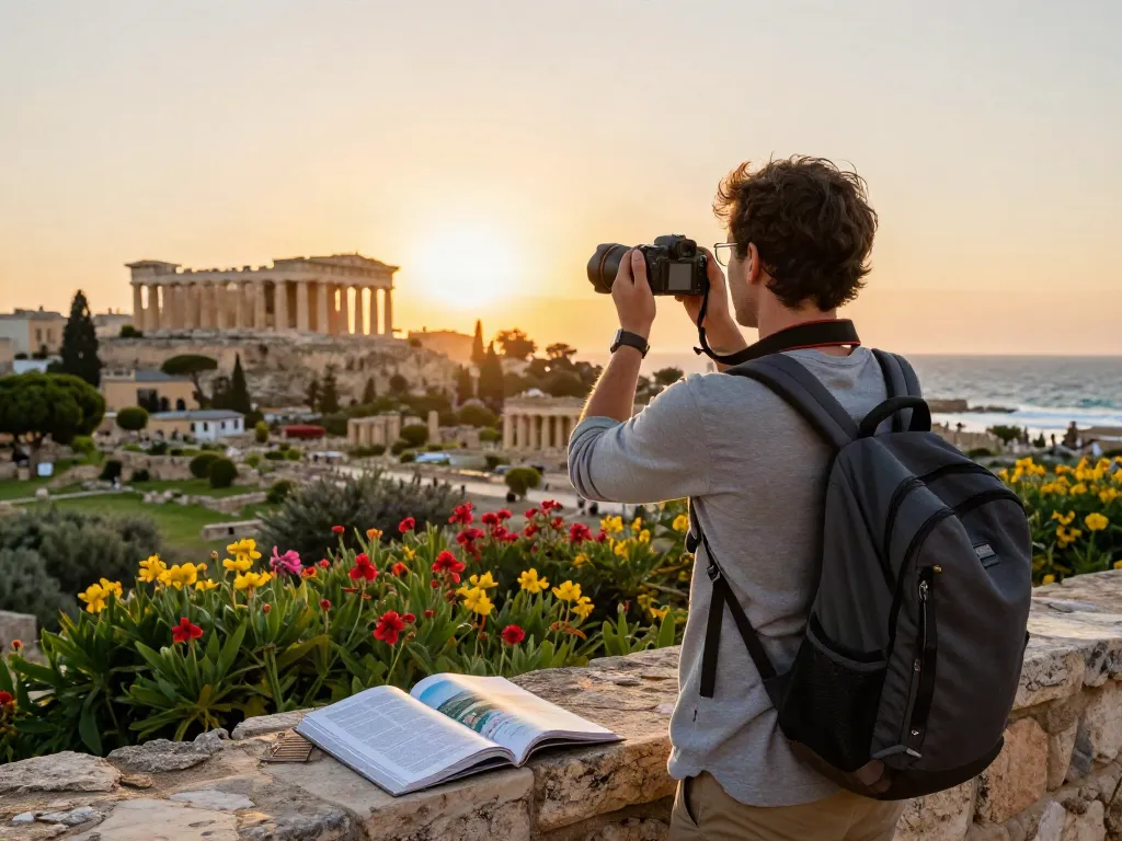 Un viajero disfrutando de los sitios históricos de Siracusa, Sicilia, mientras sostiene su cámara para capturar paisajes impresionantes de the-sierakaudalo.