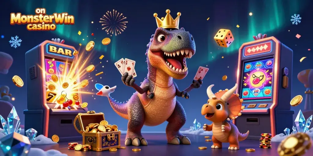 Enjoy exciting gameplay on MonsterWin casino with friendly dinosaur characters and vibrant slot machines.