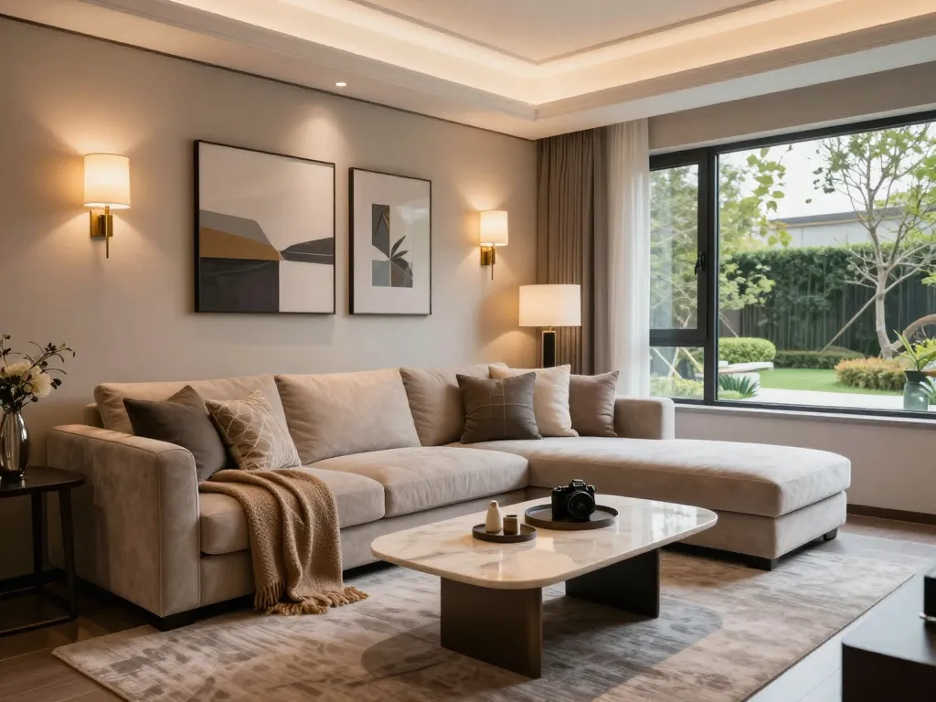 Apliques estilo hotel chic iluminan una sala de estar elegante, creando un ambiente cálido y acogedor.
