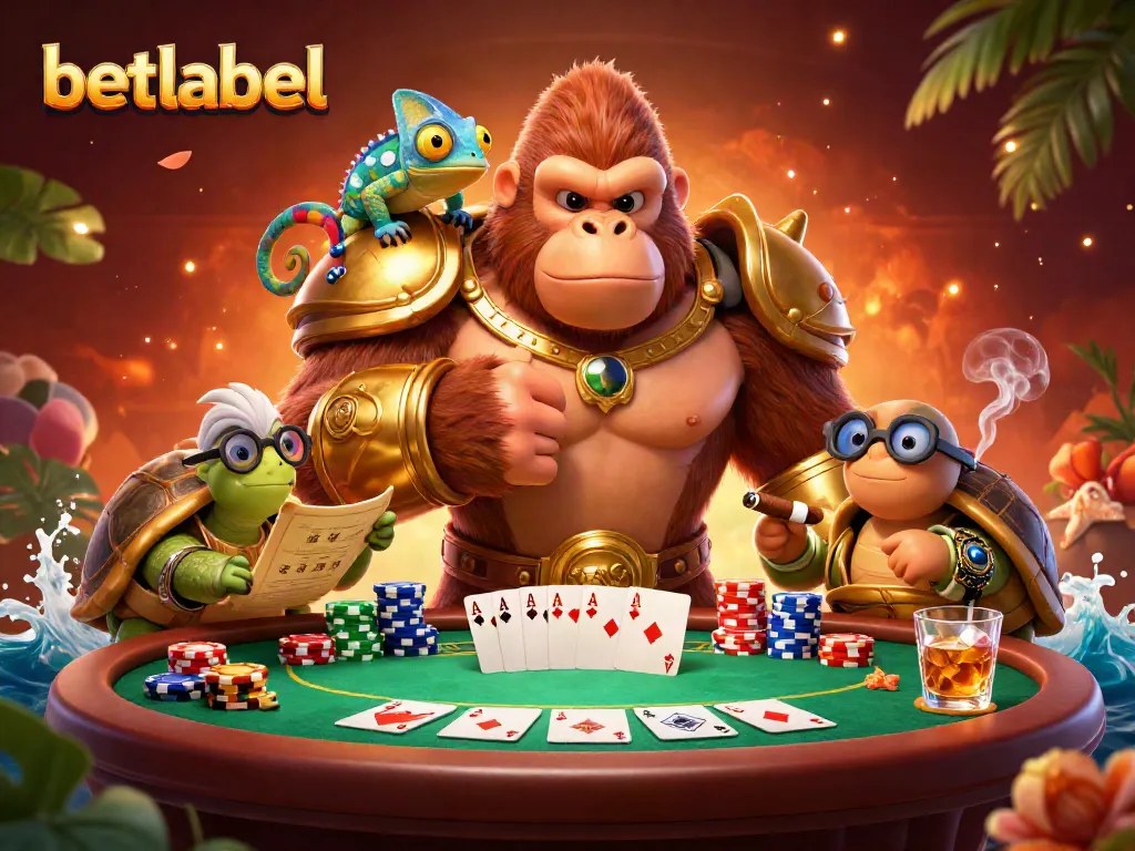 Experience thrilling poker action with betlabel featuring a gorilla king and casino symbols.