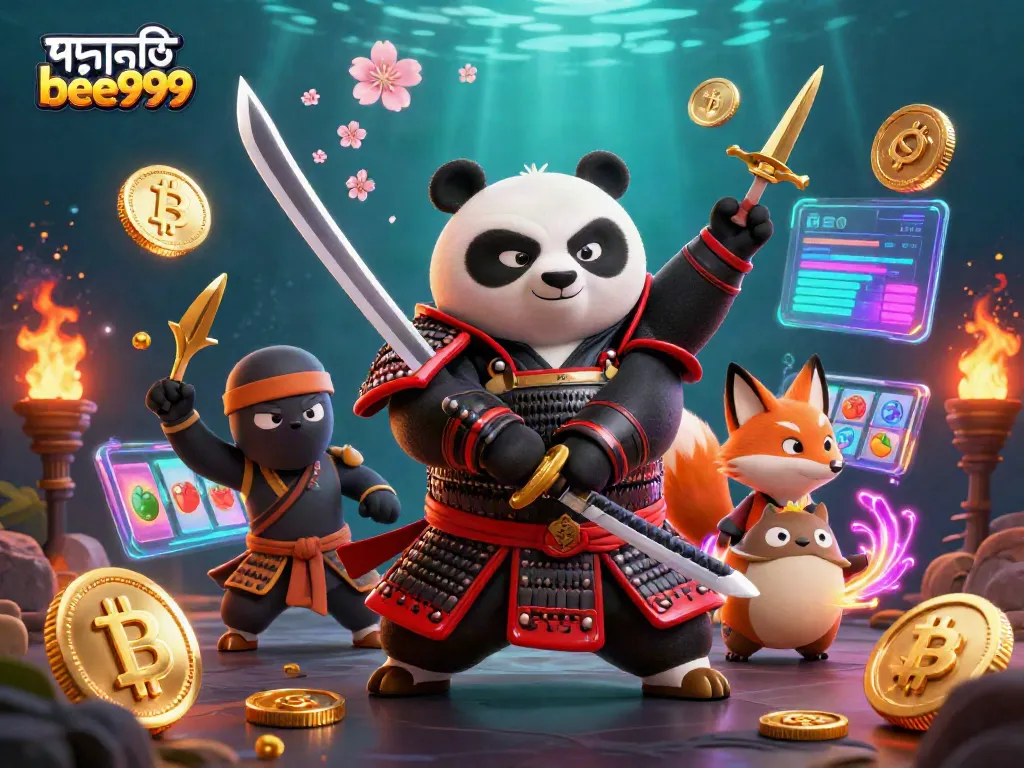 Engaging illustration of পদোন্নতি bee999 with colorful samurai panda and ninja fox in a dynamic casino scene.