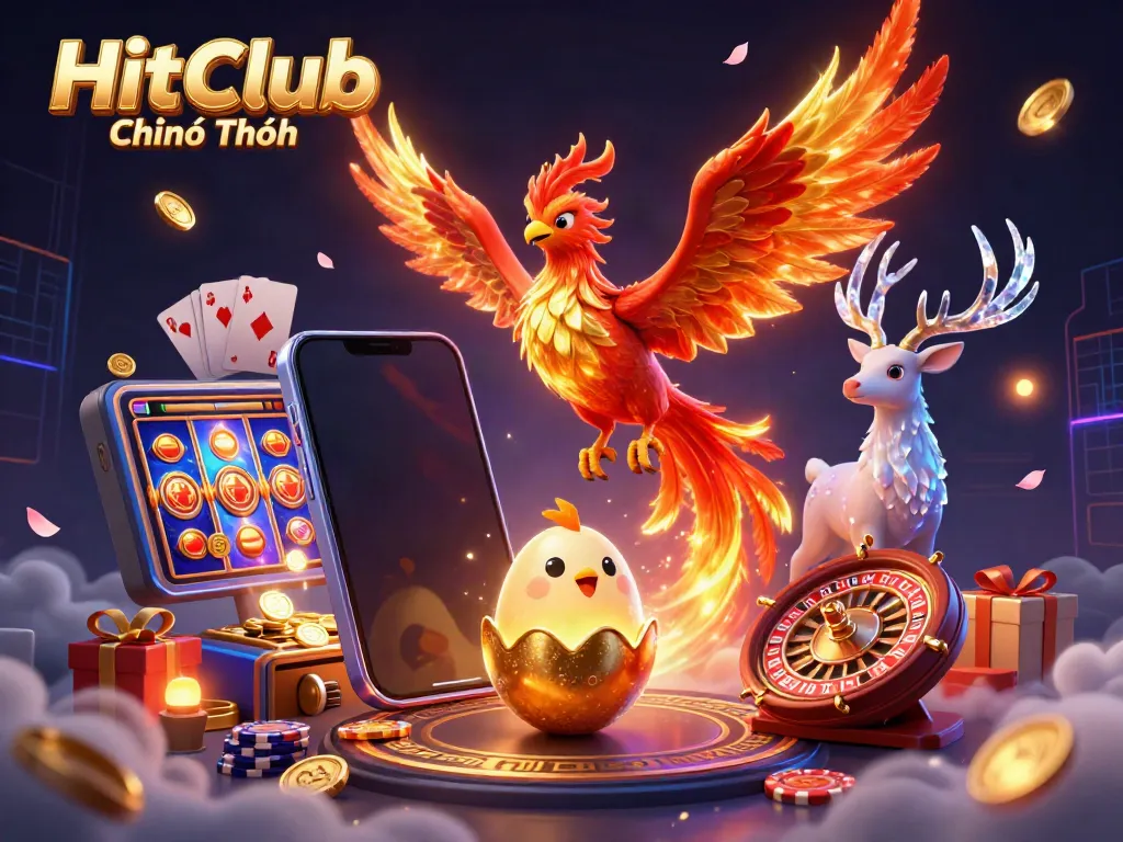 Engage with HitClub Chính Thức featuring a majestic phoenix soaring above vibrant slot game elements and glowing coins.