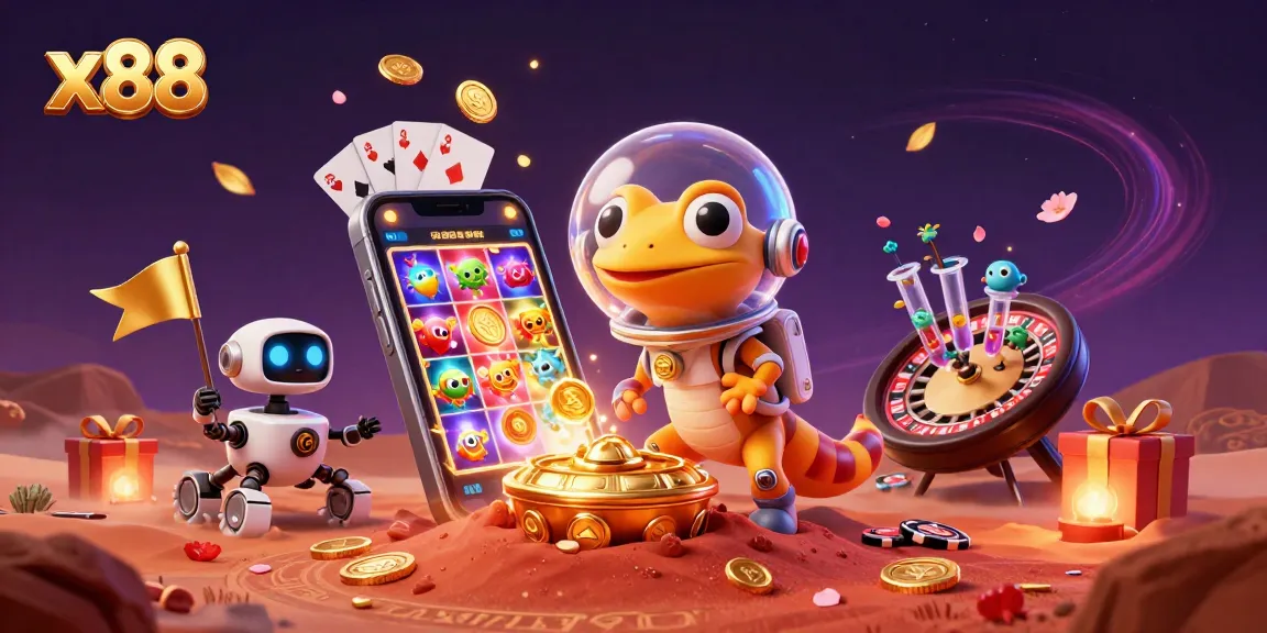 X88 casino adventure with a gecko in space gear discovering a golden casino in Martian sands.