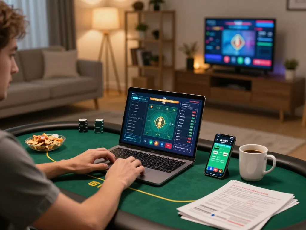 Player enjoying online poker in a cozy setting, engaging with gamebaidoithuong strategy on laptop.