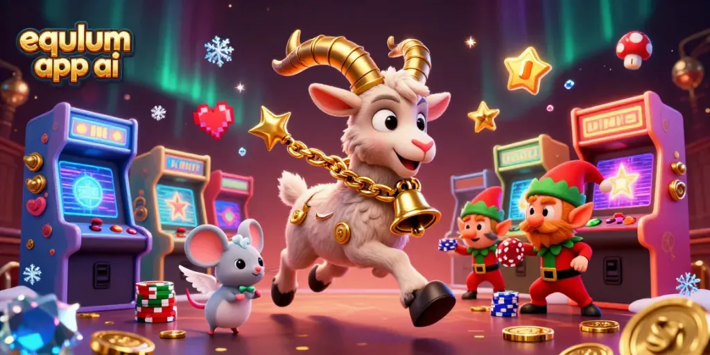 Experience the thrill of a holiday-themed casino with equlum app ai in a whimsical, dynamic scene.