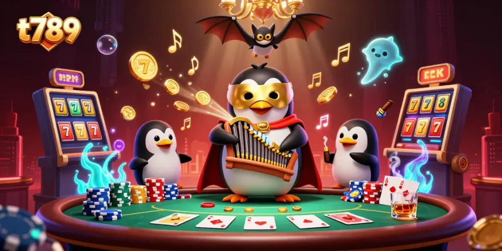 Experience the vibrant excitement of t789's bustling casino atmosphere with a 3D penguin playing for big wins.