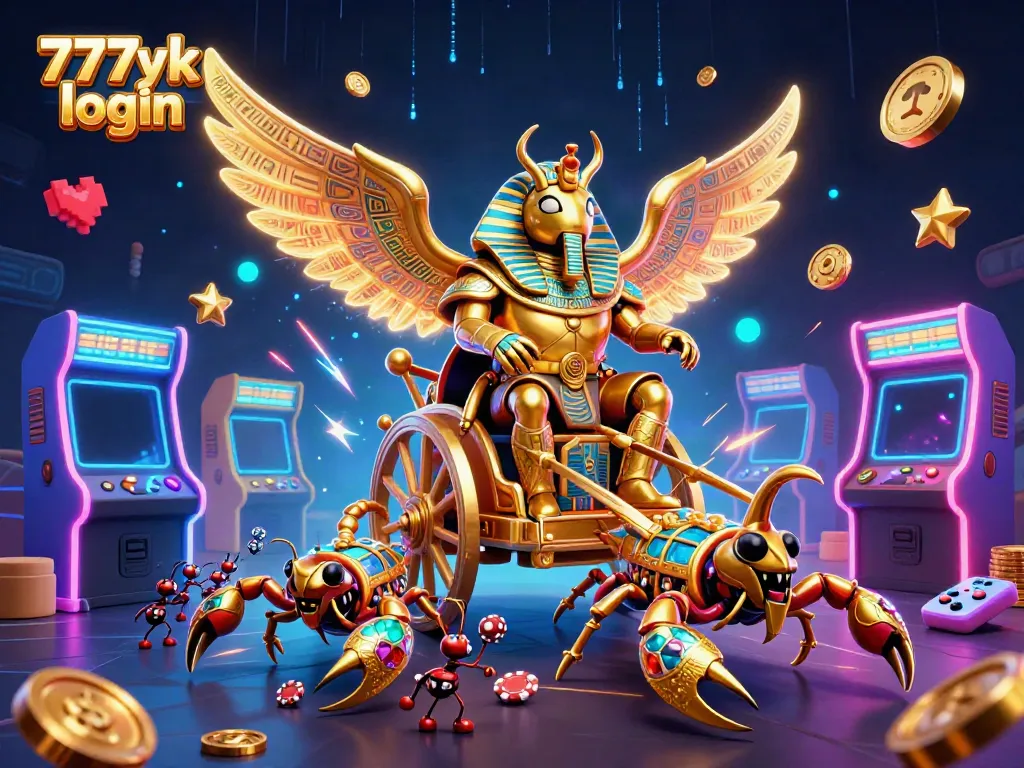 Engage in thrilling gaming fun with 777yk login, featuring a golden scarab and scorpions in an arcade game environment.