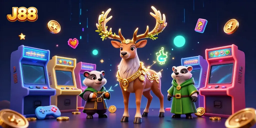 Experience the thrill of J88's colorful casino adventure with vibrant arcade elements and enchanting characters.
