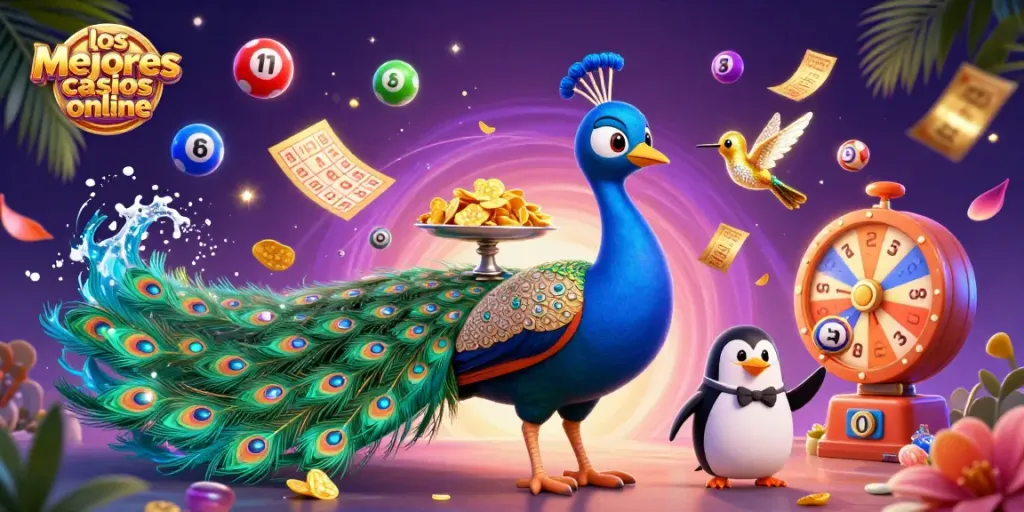 Los mejores casinos online celebran con un pavo real, un pingüino mayordomo y un colibrí dorado en un ambiente festivo.
