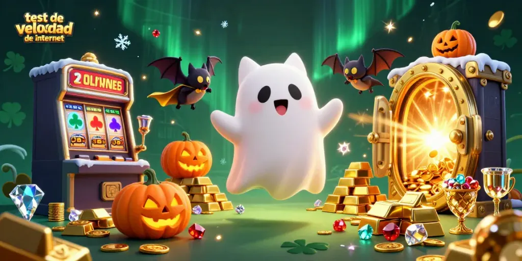 Play test de velocidad de internet with a friendly ghost cat amidst glowing poker-themed decorations in a lively casino.