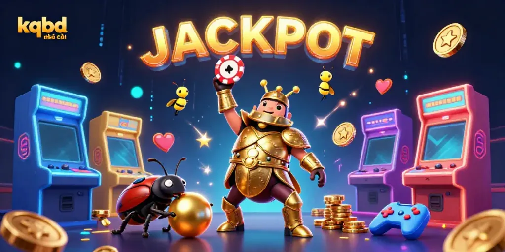 Engage with kqbd nhà cái in a dynamic 3D casino scene showcasing a victorious beetle lifting a poker chip.