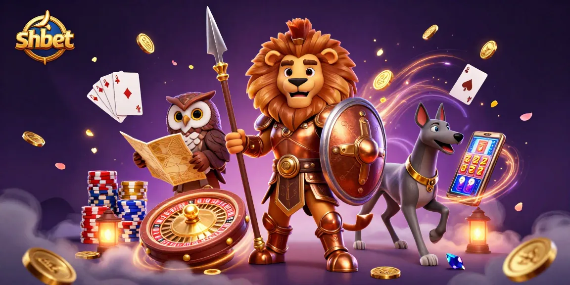 shbet engages thrilling casino adventures with a Spartan lion and gambling elements in vibrant illustration.