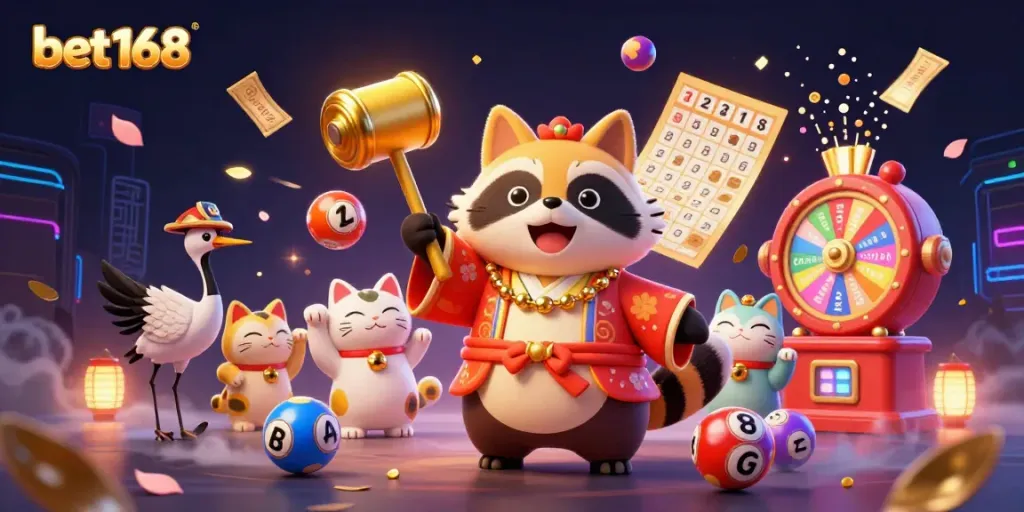 Experience the excitement of bet168 with colorful lottery elements and cheerful characters in a vibrant casino setting.